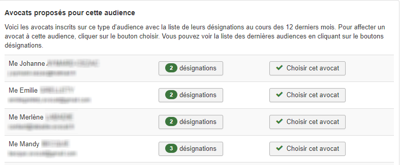 Pour choisir l'avocat qui sera présent à cette audience, la CARPA dispose du nombre de présences déjà effectuées par chaque avocat sur l'année courante. Les avocats sont affichés par ordre croissant de présences.<br /><strong>Cliquez sur l'image pour avoir une meilleure visibilité de celle-ci</strong>
