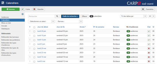 La vue calendrier de l'application développée pour la Carpa SudOuest permet de voir instantanément le nombre d'audiences par semaine et par barreau