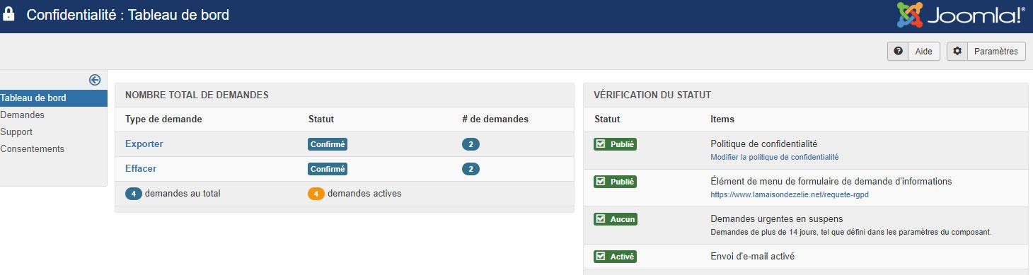 RGPD joomla39 tableau de bord confidentialité